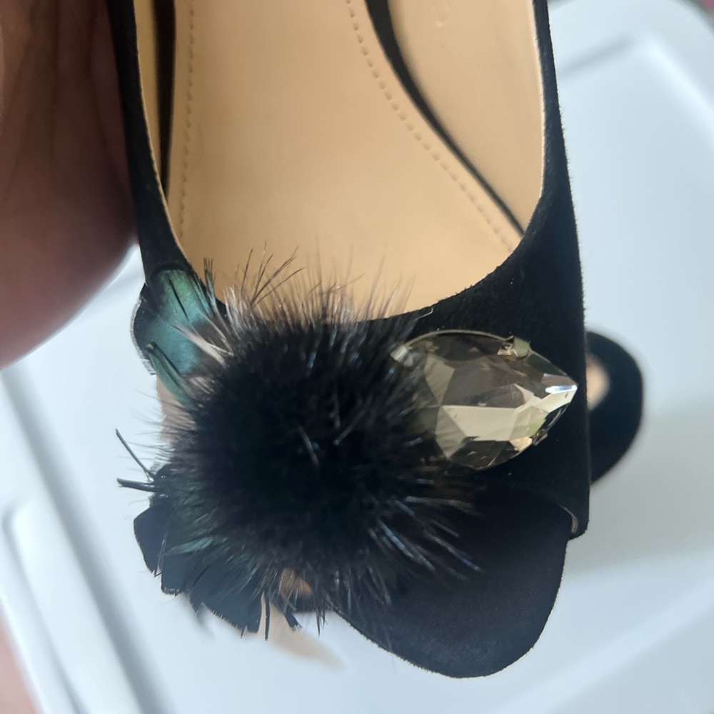 Enzo Angiolini Black Heels with Gem and Feather Accents